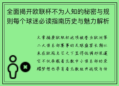 全面揭开欧联杯不为人知的秘密与规则每个球迷必读指南历史与魅力解析