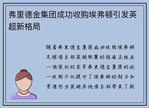 弗里德金集团成功收购埃弗顿引发英超新格局