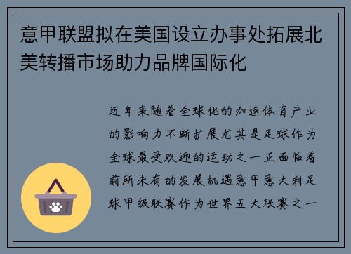 意甲联盟拟在美国设立办事处拓展北美转播市场助力品牌国际化