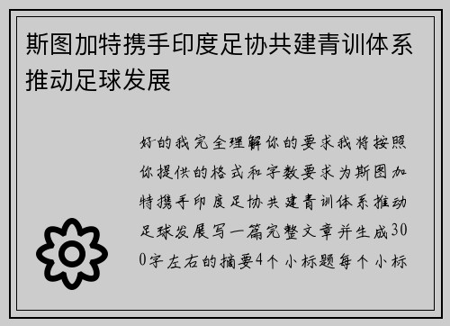 斯图加特携手印度足协共建青训体系推动足球发展