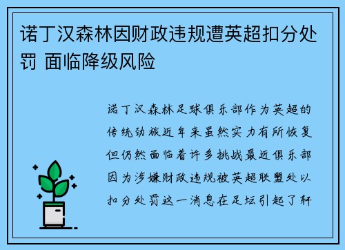 诺丁汉森林因财政违规遭英超扣分处罚 面临降级风险
